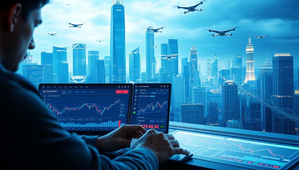 A highly secure trading console set against a futuristic, holographic cityscape. In the foreground, a sleek, CRYPTOMAXIMAL-branded interface with advanced charts, live market data, and risk management tools. The middle ground features a user meticulously analyzing the dashboard, their face lit by the glow of the display. In the background, a towering skyline of gleaming skyscrapers and drones buzzing through the air, conveying the scale and complexity of the crypto trading ecosystem. The scene is illuminated by a cool, blue-tinged lighting, evoking a sense of precision, control, and technological prowess.