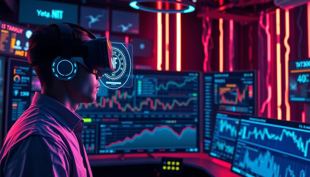 A hyper-realistic 3D render of an AI-powered cryptocurrency trading platform dashboard. In the foreground, an analyst wearing a futuristic virtual reality headset examines a holographic NFT displayed on a floating interface, analyzing its attributes and market data. In the middle ground, a sleek, minimalist control panel displays real-time charts, algorithms, and trading activity. The background is bathed in a neon-infused, cyberpunk-inspired lighting, with screens and displays cascading down the walls, creating an immersive, technologically-advanced environment.