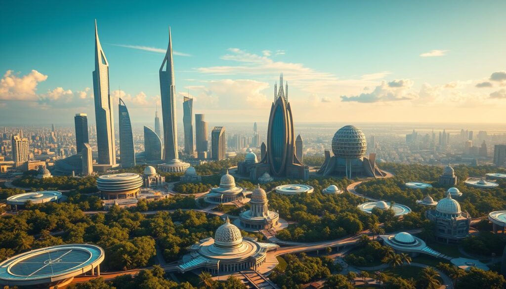 A lush, verdant virtual landscape unfolds, with towering skyscrapers and futuristic architecture rising amidst sprawling cityscape. The scene is bathed in a warm, golden light, casting long shadows that accentuate the sleek, angular forms of the buildings. In the foreground, a network of floating platforms and holographic interfaces suggest a thriving metaverse ecosystem, where users can explore, trade, and construct their own virtual real estate. The middle ground features a diverse array of structures, from grand, ornate mansions to minimalist, modular homes, all connected by a complex system of pathways and transportation nodes. In the distance, the horizon is dotted with shimmering domes and floating islands, hinting at the boundless possibilities of this virtual realm.