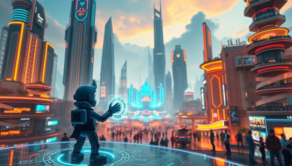 A metaverse landscape with towering virtual skyscrapers and lush, neon-lit environments. In the foreground, a stylized NFT avatar interacts with a holographic display, showcasing the integration of NFT technology with the virtual real estate and gaming applications. The middle ground features a bustling hub of activity, with avatars engaged in various metaverse experiences. The background depicts a vibrant, futuristic cityscape with seamless transitions between the physical and digital worlds. Warm, dynamic lighting creates an immersive, high-tech atmosphere, capturing the convergence of the NFT ecosystem and the metaverse.