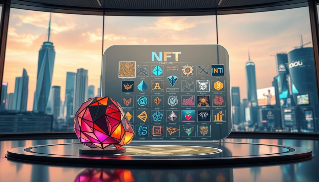 A meticulously crafted NFT collection strategy unfolds in a sleek, futuristic setting. In the foreground, a stylized 3D model of an NFT artwork rotates gracefully, its geometric patterns and vibrant colors casting a captivating glow. The middle ground features a holographic display showcasing a collection of unique NFT designs, each with its own distinctive style and narrative. In the background, a cityscape of towering skyscrapers and holographic billboards sets the scene, hinting at the vast potential of the digital art marketplace. The overall mood is one of innovation, creativity, and a sense of endless possibilities in the world of NFT curation and monetization.