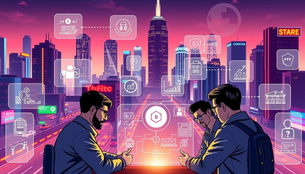 A meticulously detailed digital illustration depicting various smart contract use cases. A futuristic, neon-lit cityscape serves as the backdrop, with towering skyscrapers and bustling traffic. In the foreground, a series of holographic displays showcases different real-world applications of smart contracts, such as secure financial transactions, supply chain management, and digital identity verification. The middle ground features a group of blockchain developers collaborating on a smart contract project, their expressions focused and determined. The scene is lit by a warm, ambient glow, creating a sense of innovation and technological progress. The composition is balanced, with clean lines and a minimalist aesthetic, highlighting the efficiency and versatility of smart contracts.