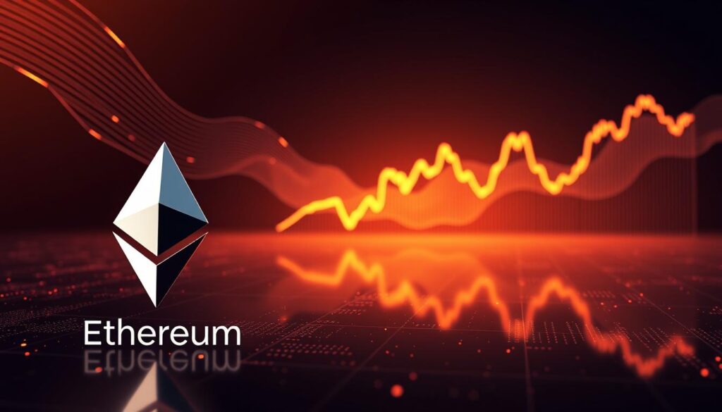 A meticulously detailed, high-resolution rendering of the Ethereum cryptocurrency exchange rate, presented in a sleek, data-driven aesthetic. The foreground showcases the Ethereum symbol and the current trading price, rendered in a bold, digital typeface against a backdrop of dynamic, shimmering lines and geometric patterns that evoke the blockchain technology underpinning the cryptocurrency. The middle ground features a line graph charting the recent price fluctuations, with subtle hints of the Ethereum logo woven into the design. The background is a minimalist, gradient-based composition that suggests the global, decentralized nature of the Ethereum network and the ever-evolving cryptocurrency market.