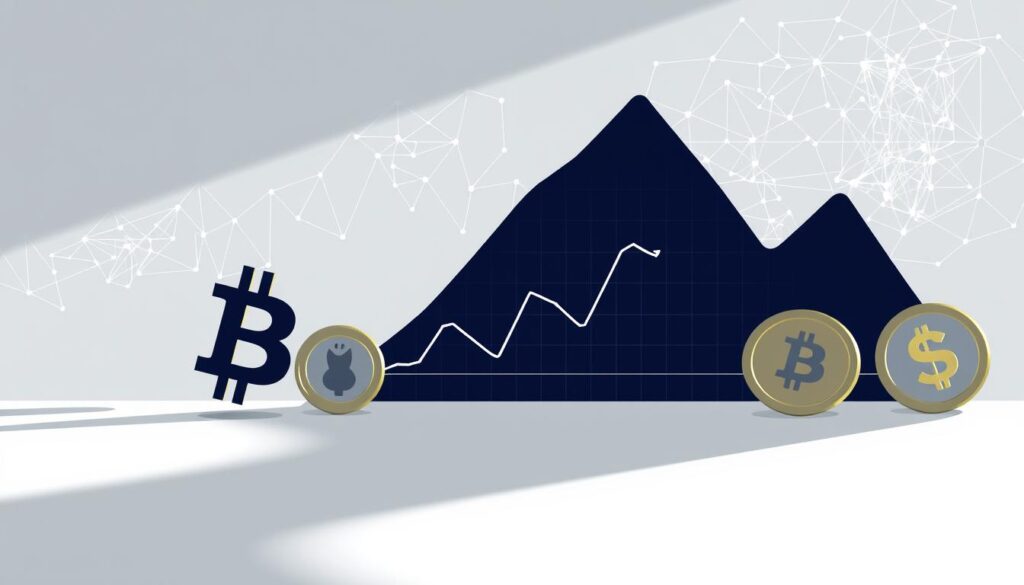 A meticulously detailed illustration depicting the dynamics of capital gains and losses in the world of cryptocurrency investments. The foreground showcases a series of digital currency icons, each casting distinct shadows that symbolize the fluctuating nature of their value. The middle ground features a sleek, minimalist graph charting the rise and fall of these digital assets, with a subtle grid overlay adding a sense of structure and analysis. In the background, a complex network of interconnected nodes and lines represents the intricate web of cryptocurrency transactions, hinting at the broader ecosystem. The lighting is crisp and directional, casting dramatic shadows and highlights to emphasize the high-stakes nature of this financial landscape. The overall mood is one of calculated precision, underscoring the importance of accurately reporting and managing crypto-related capital gains and losses.