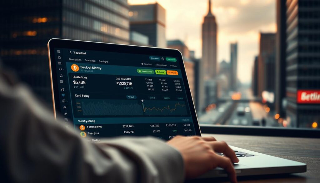 A meticulously detailed scene depicting a taxable event in the world of cryptocurrency trading. The foreground features a digital wallet interface with transaction details, cryptocurrency icons, and financial data displayed prominently. The middle ground showcases a laptop or mobile device, conveying the modern, tech-savvy nature of crypto trading. In the background, a cityscape with skyscrapers and financial district elements creates an atmosphere of the high-stakes financial landscape. Soft, warm lighting casts a contemplative glow, while a shallow depth of field draws the viewer's attention to the critical information on the screen. The overall mood is one of thoughtful consideration of the tax implications surrounding this pivotal moment in the cryptocurrency trading experience.