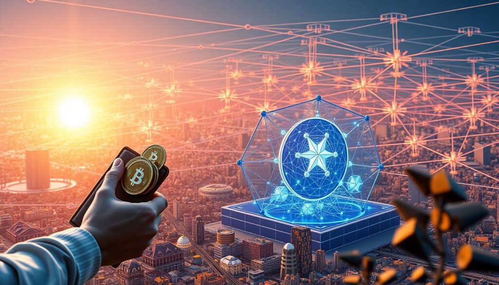 A meticulously rendered 3D illustration depicting the mechanics of yield farming in decentralized finance. In the foreground, a user interacts with a digital wallet, depositing cryptocurrency tokens into a liquidity pool. The middle ground showcases the inner workings of the liquidity pool, with complex blockchain algorithms governing the distribution of rewards to participants. In the background, a sprawling network of interconnected smart contracts and decentralized exchanges, illuminated by a warm, futuristic glow. The scene conveys a sense of technical depth and financial innovation, capturing the essence of how yield farming operates under the hood of the DeFi ecosystem.