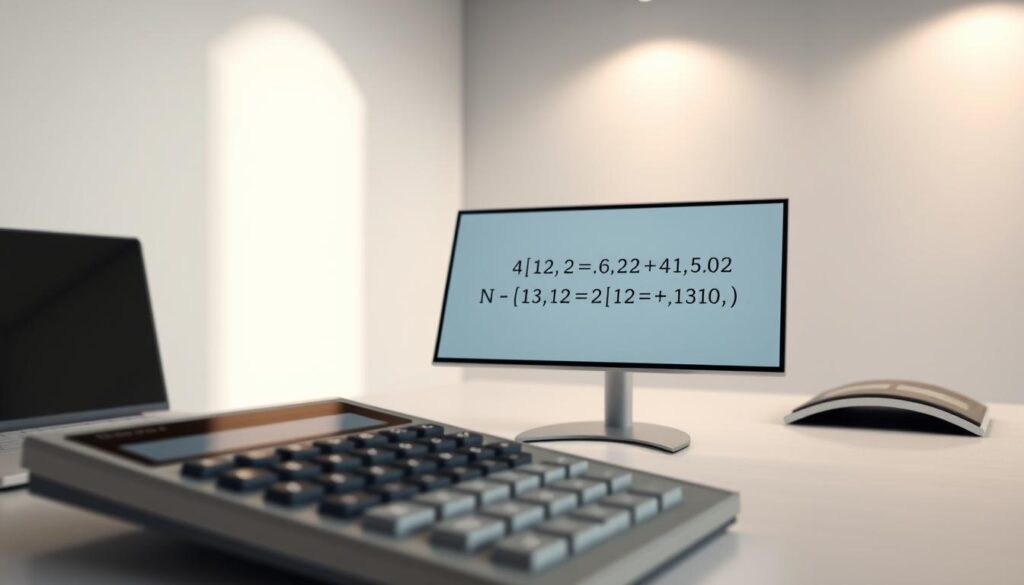 A meticulously rendered image of a mining calculator formula, depicted on a sleek, modern desktop workspace. The formula is displayed on a high-resolution digital display, with clean typography and precise mathematical symbols. The background features a soft, muted gradient, creating a serene and focused atmosphere. The lighting is balanced, with subtle highlights accentuating the calculator's buttons and screen. The camera angle is slightly elevated, providing a clear and unobstructed view of the formula and its components. The overall composition is well-balanced, drawing the viewer's attention to the core subject matter.