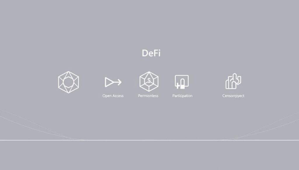 A minimalist but visually striking illustration of the core principles of decentralized finance. In the foreground, a stylized representation of the DeFi ecosystem, with interconnected geometric shapes symbolizing the interoperability and transparency of the system. The middle ground features clean, abstract icons representing key DeFi pillars like open access, permissionless participation, and censorship resistance. The background has a subtle gradient, evoking a sense of technological progress and innovation. The overall composition conveys a sense of balance, simplicity, and the foundational ethos of decentralized finance.