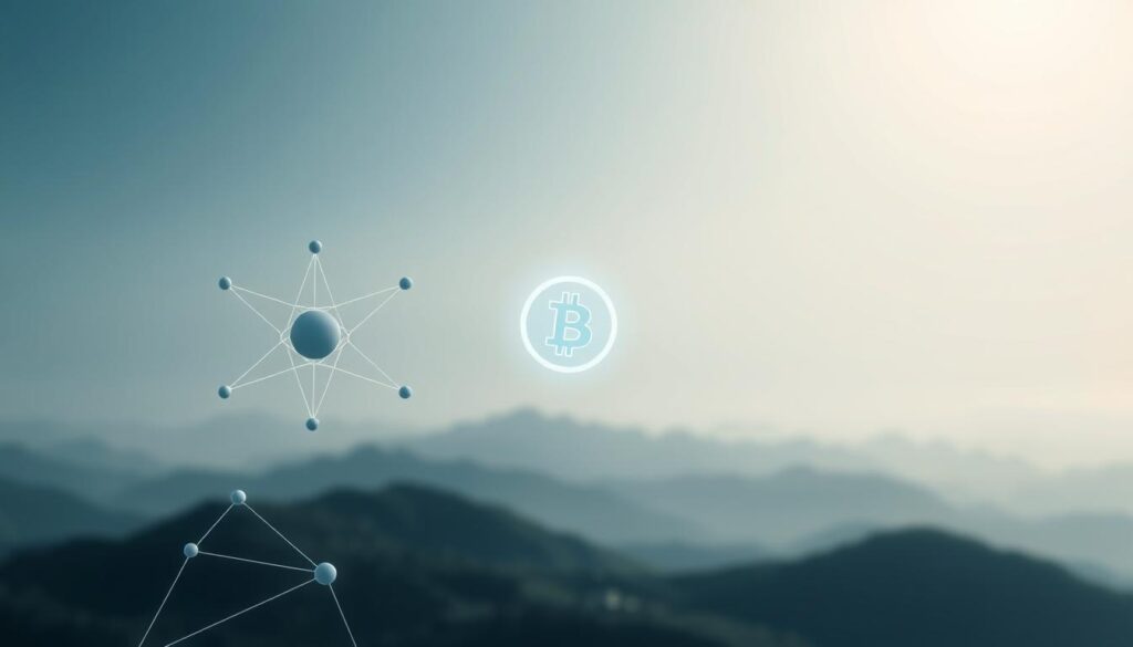A minimalist, clean, and visually striking image depicting the fundamental concepts of blockchain and cryptocurrency. The foreground showcases a simple, geometric blockchain network structure with interconnected nodes, symbolizing the decentralized and transparent nature of the technology. The middle ground features a stylized cryptocurrency symbol, perhaps a Bitcoin icon, glowing with an ethereal, luminous quality, representing the digital assets powering the blockchain. The background is a serene, gradient-filled landscape, conveying a sense of stability and calm. The overall mood is one of sophistication, innovation, and technological elegance, suitable for illustrating the core principles of this financial revolution. Lighting is soft and diffused, with a subtle depth of field to draw the viewer's attention to the key elements. The camera angle is slightly elevated, providing a bird's-eye view of the scene.