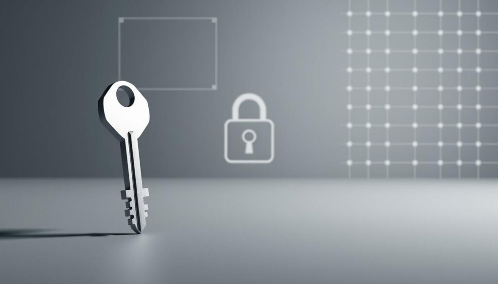 A minimalist, high-contrast image depicting the core elements of web3 wallet security: keys, custody, and control. In the foreground, a sleek, metallic-looking key emerges from the center, casting sharp shadows. In the middle ground, a stylized lock icon symbolizes custody, with an elegant balance of positive and negative space. In the background, a gridlike pattern of interlocking polygons represents the decentralized, user-controlled nature of web3 wallets. The overall composition conveys a sense of power, precision, and digital sophistication, reflecting the importance of mastering these fundamental web3 wallet concepts.