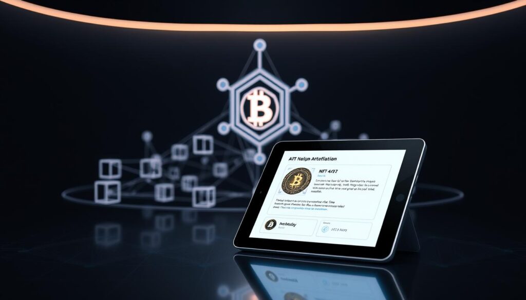 A modern blockchain-powered digital art verification system. In the foreground, a sleek, futuristic-looking tablet displaying an NFT artwork. The screen shows an authentication interface with a digital seal, timestamp, and other verification details. In the middle ground, a 3D model of a blockchain network, with nodes and interconnected blocks. The background features a minimalist, dark-toned setting with subtle technological patterns and lighting, conveying a sense of security and authenticity. The overall composition highlights the seamless integration of blockchain technology into the digital art verification process, emphasizing the unique value proposition of NFTs in the art world.