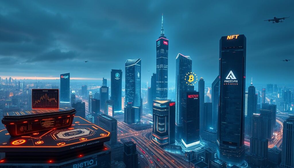 A modern cityscape with sleek, futuristic blockchain platforms dominating the skyline. In the foreground, a cluster of digital wallets and cryptocurrency exchanges, their holographic interfaces shimmering with lines of code. The middle ground features several prominent NFT minting platforms, their logos and branding prominently displayed on towering skyscrapers. The background is a panoramic view of a bustling metropolis, with flying cars and holograms adding a sense of technological advancement. The lighting is a cool, neon-tinged palette, creating an atmosphere of innovation and digital transformation. The camera angle is a low, wide shot to capture the scale and grandeur of this blockchain-powered landscape.