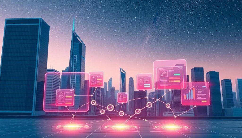 A modern, minimalist cityscape with sleek high-rise buildings and a futuristic skyline. In the foreground, a series of transparent, holographic displays showcase various smart contract lending platforms, their interfaces and features rendered in vivid, neon-infused hues. The middle ground features a network of interconnected financial transactions, represented by glowing lines and geometric shapes. In the background, a backdrop of a starry night sky, conveying a sense of vast, boundless possibilities in the world of decentralized finance. The overall scene is bathed in a cool, tech-infused ambiance, emphasizing the cutting-edge nature of the smart contract lending platforms.