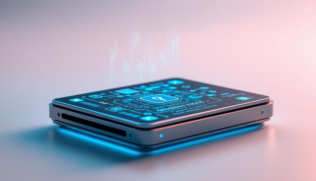 A modern, minimalist crypto wallet with a sleek, metallic finish. The surface displays a holographic interface, its soft blue glow illuminating the user's hands. In the foreground, a hand gesture activates a dynamic security system, with data streams and authentication protocols rippling across the screen. The middle ground features a 3D rendered model of a blockchain, its blocks interlocking in a mesmerizing pattern. The background blends ethereal gradient hues, evoking a sense of technological sophistication and digital security.