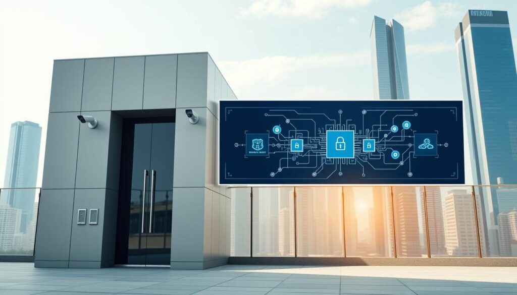 A modern office building with a sleek, minimalist facade stands in the foreground. Discreet access panels and security cameras are embedded seamlessly into the architecture, hinting at the advanced access control system within. In the middle ground, a digital interface displays a blockchain-powered authentication process, with secure nodes and encrypted data flows. The background depicts a cityscape of towering skyscrapers, symbolizing the interconnectedness and privacy of the private blockchain network. Soft, directional lighting accentuates the clean lines and technological sophistication of the scene, conveying a sense of order, security, and exclusivity.
