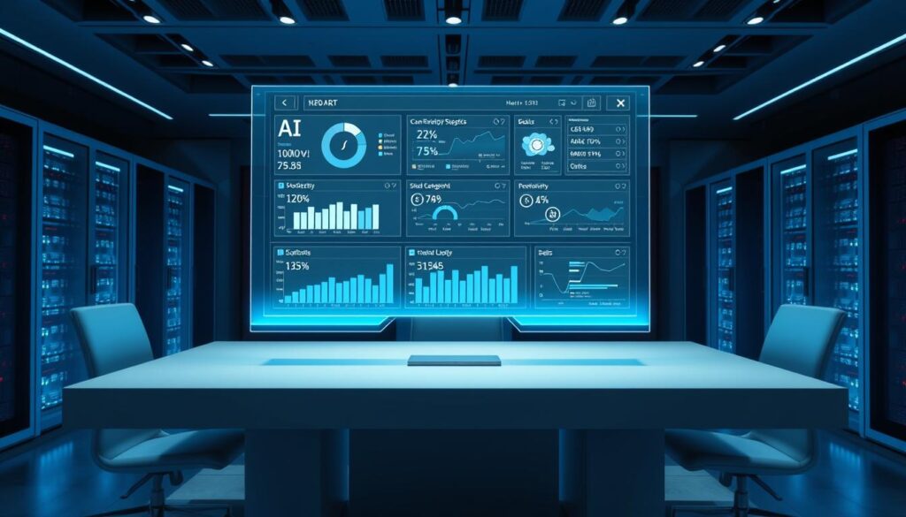 A modern office workspace with an AI-powered workflow management system. A holographic dashboard hovers above a sleek, minimalist desk, displaying real-time data, productivity metrics, and automated task prioritization. The room is bathed in a cool, blue-tinted lighting, creating a futuristic atmosphere. In the background, servers hum quietly, powering the AI algorithms that optimize the workflow. The scene conveys a sense of efficiency, technological advancement, and a seamless integration of human and machine intelligence.