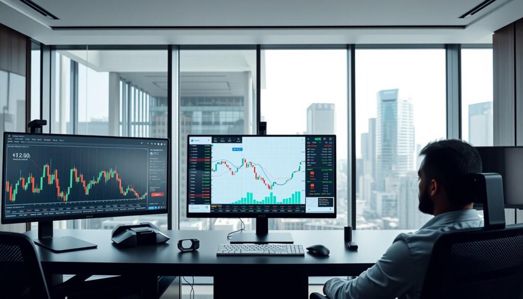 A modern trading desk with multiple screens displaying real-time market data and analytics. In the foreground, a professional trader analyzes candlestick charts and market indicators using an intuitive AI-powered dashboard. The middle ground features a large central display showing a global market overview, with fluctuating stock prices and currency exchange rates. The background depicts a sleek, minimalist office setting with floor-to-ceiling windows overlooking a bustling financial district. Soft, indirect lighting creates a focused, contemplative atmosphere as the trader makes informed decisions to navigate the dynamic market landscape.