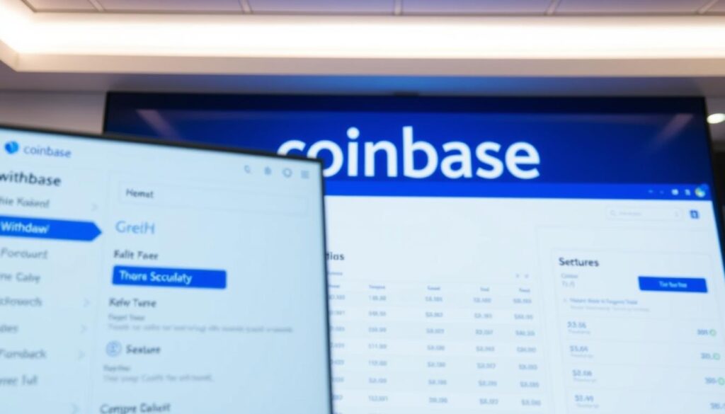 A modern, well-lit cryptocurrency exchange interface showcasing the Coinbase platform. In the foreground, a user's dashboard displays a clear and intuitive layout with quick access to withdrawal options. The middle ground features detailed transaction history and secure account settings. The background subtly depicts the Coinbase logo and branding, conveying a sense of trust and reliability. The overall scene radiates a professional, user-friendly atmosphere with a focus on seamless and efficient crypto asset management.