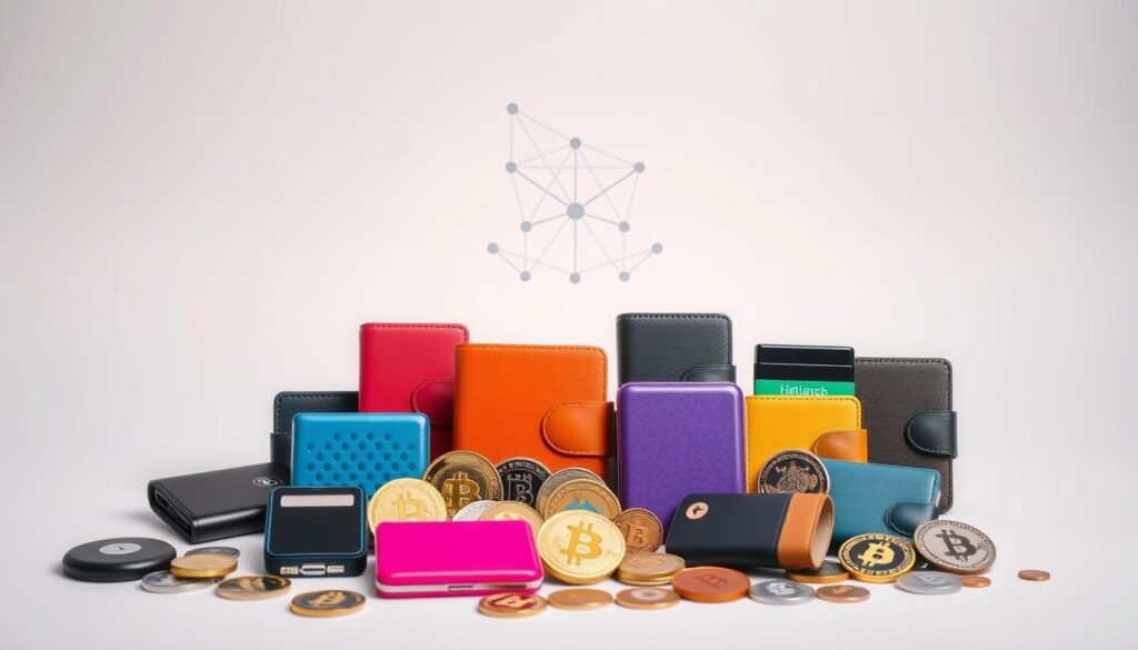 A neatly arranged still life against a clean, minimalist background. In the foreground, an assortment of colorful cryptocurrency wallets, both hardware and software, sit alongside various digital tokens and coins. The wallets are presented in a visually appealing manner, showcasing their sleek designs and diverse features. In the middle ground, a subtle network diagram depicts the interconnected nature of the decentralized finance ecosystem. The lighting is soft and directional, creating a sense of depth and highlighting the textures and details of the objects. The overall mood is one of innovation, security, and financial empowerment, reflecting the preparatory steps needed before engaging with decentralized exchanges.