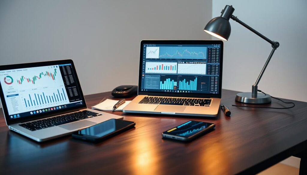 A neatly organized desk with various research data tools, including a laptop, tablet, and smartphone. Crisp, high-resolution images of financial charts, graphs, and reports are displayed on the screens, illuminated by soft, warm lighting from a desk lamp. The desk is made of dark, polished wood, and the background is a minimalist, neutral-toned office setting, creating a professional and focused atmosphere. The overall composition conveys a sense of thorough, data-driven research and analysis.
