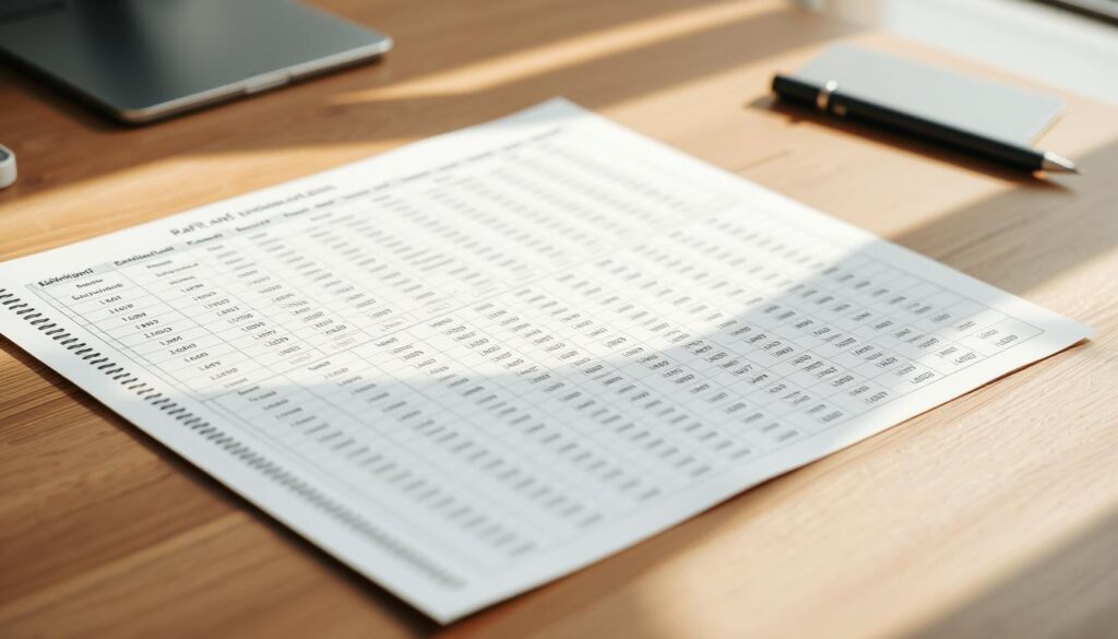 A neatly organized spreadsheet on a wooden desk, with carefully arranged columns and rows displaying data on the distribution of traits. The lighting is soft and natural, creating a warm, professional atmosphere. The spreadsheet is the focal point, surrounded by a clean, minimalist background that allows the information to take center stage. The angles are slightly tilted, giving the viewer a sense of depth and perspective. The overall composition conveys a sense of order, precision, and attention to detail, perfectly suited for the section on "Creating and Organizing Rarity Tables for Trait Distribution" in the article on "Generative Art NFT Algorithmic Trait Rarity Calculation Explained."