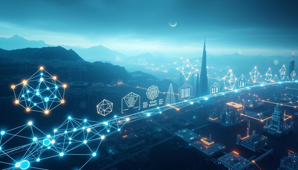 A panoramic timeline showcasing the evolution of decentralized autonomous organizations (DAOs). In the foreground, a glowing blockchain network connects various DAO entities, each represented by intricate geometric shapes. The middle ground depicts a diverse array of DAO structures, from simple voting systems to complex organizational hierarchies, all interconnected by pulsing data streams. In the background, a vast digital landscape unfolds, with towering data structures and abstract representations of governance mechanisms. The scene is bathed in a cool, ethereal light, conveying the digital nature and dynamic, ever-changing essence of DAOs.