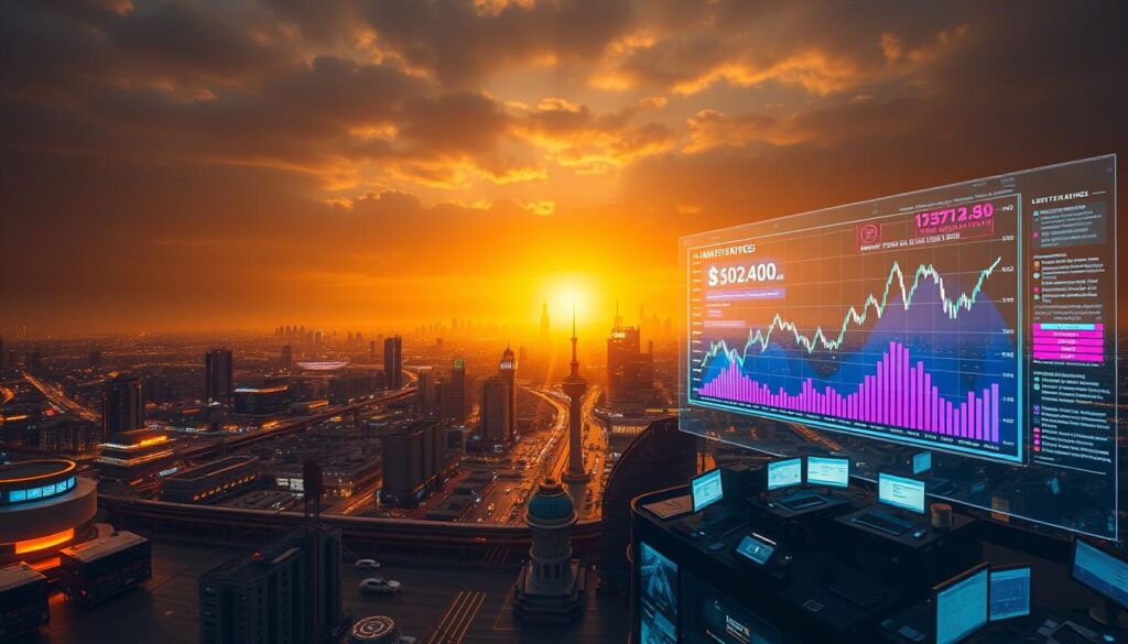 A panoramic view of a dynamic crypto trading landscape, illuminated by a warm, golden light. In the foreground, a holographic display showcases a detailed market analysis, with vibrant charts and graphs depicting price trends and insights. The middle ground features a bustling cryptocurrency exchange, with traders intently monitoring their screens, surrounded by futuristic architecture and neon-lit interfaces. In the background, a vast cityscape stretches out, its skyline dotted with towering skyscrapers and the faint glow of digital infrastructure. The overall atmosphere conveys a sense of innovation, technology, and the ever-evolving nature of the cryptocurrency market.