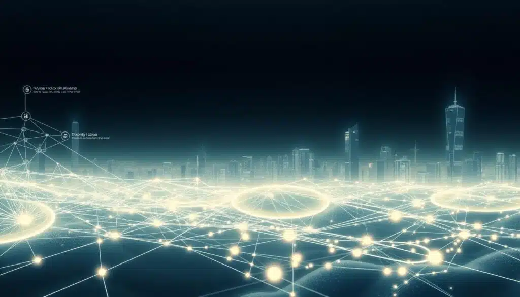A panoramic view of a futuristic blockchain protocol standards landscape. In the foreground, a detailed holographic visualization of various interoperability standards and frameworks, their intricate connections and interdependencies. The middle ground features sleek, minimalist nodes and distributed ledgers, emitting a soft, ethereal glow. In the distant background, a cityscape of towering blockchain infrastructure, crisscrossed by data streams and communication protocols. Soft, directional lighting illuminates the scene, creating a sense of depth and technological sophistication. The overall mood is one of innovation, progress, and the steady advancement of the decentralized web. A panoramic view of a futuristic blockchain protocol standards landscape. In the foreground, a detailed holographic visualization of various interoperability standards and frameworks, their intricate connections and interdependencies. The middle ground features sleek, minimalist nodes and distributed ledgers, emitting a soft, ethereal glow. In the distant background, a cityscape of towering blockchain infrastructure, crisscrossed by data streams and communication protocols. Soft, directional lighting illuminates the scene, creating a sense of depth and technological sophistication. The overall mood is one of innovation, progress, and the steady advancement of the decentralized web.