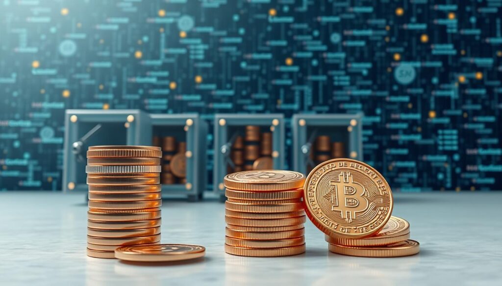 A panoramic view of a serene digital landscape with a central focus on stablecoins. In the foreground, a stack of glossy coins with intricate designs, representing the different types of stablecoins. The middle ground features a series of transparent vaults, each housing a reserve of assets that back the stablecoins. In the background, a matrix of blockchain data streams and transaction logs, conveying the on-chain utility and transparency of the stablecoin ecosystem. Soft, diffused lighting illuminates the scene, creating a sense of stability and trust. The overall composition evokes a harmonious balance between the physical and digital realms of finance.