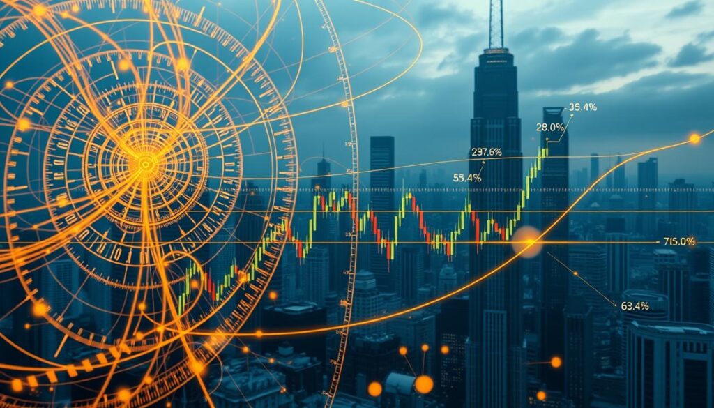 A photorealistic digital illustration depicting Fibonacci retracement levels, a popular technical analysis tool used for predicting market trends. In the foreground, a complex web of golden spiral lines and numerical values dynamically overlay a detailed candlestick chart of cryptocurrency price movements. The middle ground showcases the key Fibonacci retracement levels of 23.6%, 38.2%, 50%, 61.8%, and 76.4%, each represented by precise horizontal lines intersecting the chart. The background features a futuristic cityscape with skyscrapers and holographic displays, evoking a high-tech, data-driven financial environment. Dramatic cinematic lighting and a moody color palette of blues, golds, and grays create an atmosphere of analytical precision and market insight.