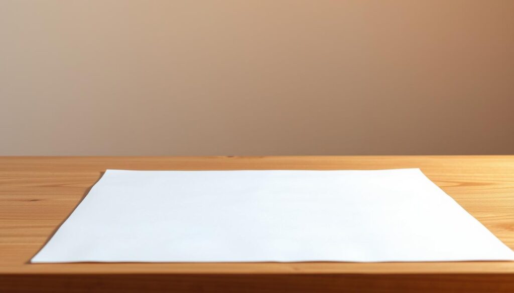 A pristine, crisp sheet of high-quality white paper, resting on a sleek, minimalist wooden table. The paper's surface is smooth and untouched, reflecting the warm, ambient lighting that bathes the scene. The background is a soft, neutral gradient, allowing the paper to take center stage. The composition is balanced and serene, inviting the viewer to focus on the simplicity and clarity of the subject. The overall tone is one of professionalism, attention to detail, and a sense of potential - a blank canvas ready to be filled with valuable insights and ideas.
