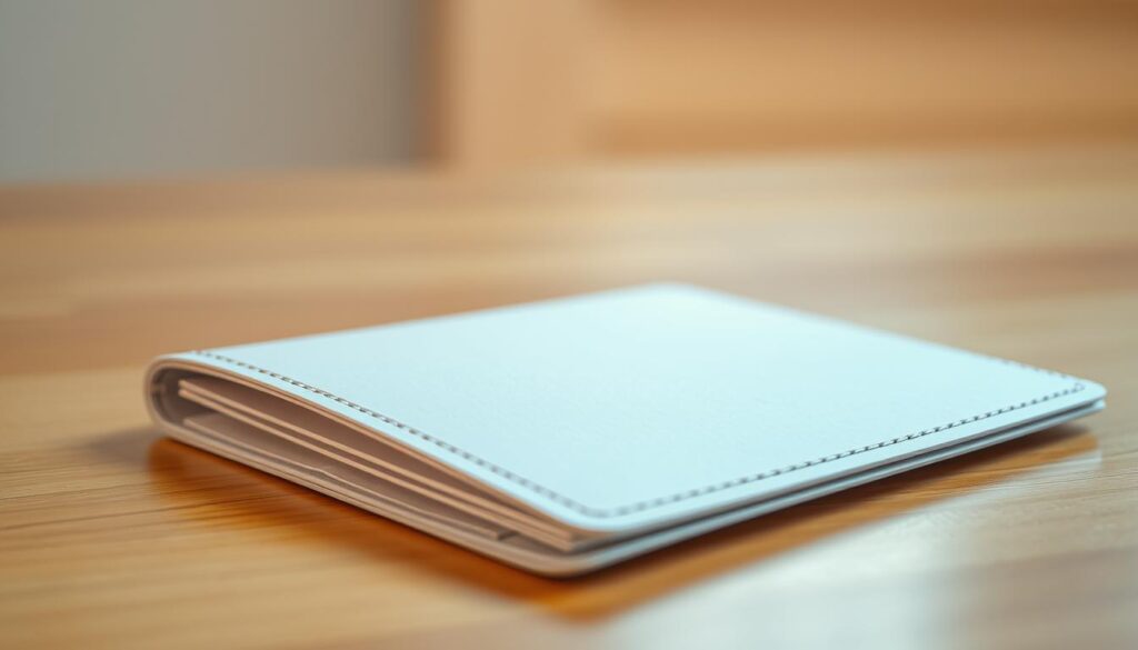 A pristine paper wallet lies on a wooden surface, its crisp edges and clean lines accentuated by warm, directional lighting. The wallet's surface reflects the intricate texture of the paper, inviting closer inspection. In the background, a clean, minimalist environment emphasizes the wallet's simplicity and security, conveying a sense of reliability and protection. The scene is captured with a shallow depth of field, drawing the viewer's attention to the wallet as the focal point, while the surrounding area remains pleasantly blurred, creating a sense of focus and clarity.