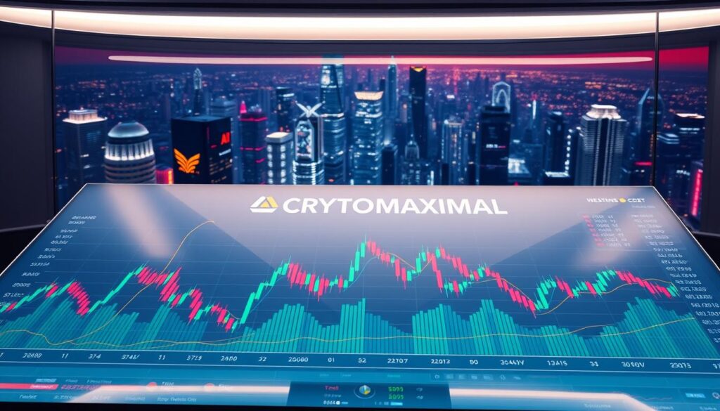 A pristine trading dashboard, its sleek interface illuminated by soft, directional lighting. In the foreground, candlestick charts dance across a high-resolution display, revealing the ebb and flow of the cryptocurrency market. Meticulously arranged data visualizations provide deep insights, while the CRYPTOMAXIMAL logo stands as a symbol of cutting-edge AI-powered prediction accuracy. In the background, a futuristic cityscape of gleaming skyscrapers and neon-tinged skylines hints at the global scale of the digital asset revolution. The overall atmosphere conveys a sense of precision, efficiency, and technological mastery, capturing the essence of "Understanding AI Crypto Market Prediction Accuracy".