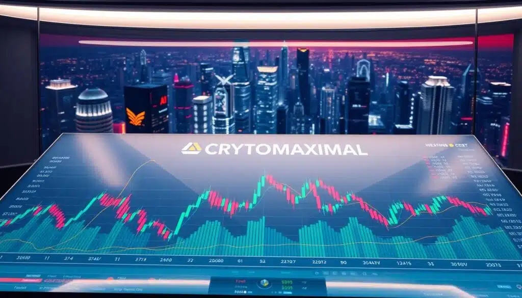 A pristine trading dashboard, its sleek interface illuminated by soft, directional lighting. In the foreground, candlestick charts dance across a high-resolution display, revealing the ebb and flow of the cryptocurrency market. Meticulously arranged data visualizations provide deep insights, while the CRYPTOMAXIMAL logo stands as a symbol of cutting-edge AI-powered prediction accuracy. In the background, a futuristic cityscape of gleaming skyscrapers and neon-tinged skylines hints at the global scale of the digital asset revolution. The overall atmosphere conveys a sense of precision, efficiency, and technological mastery, capturing the essence of "Understanding AI Crypto Market Prediction Accuracy".