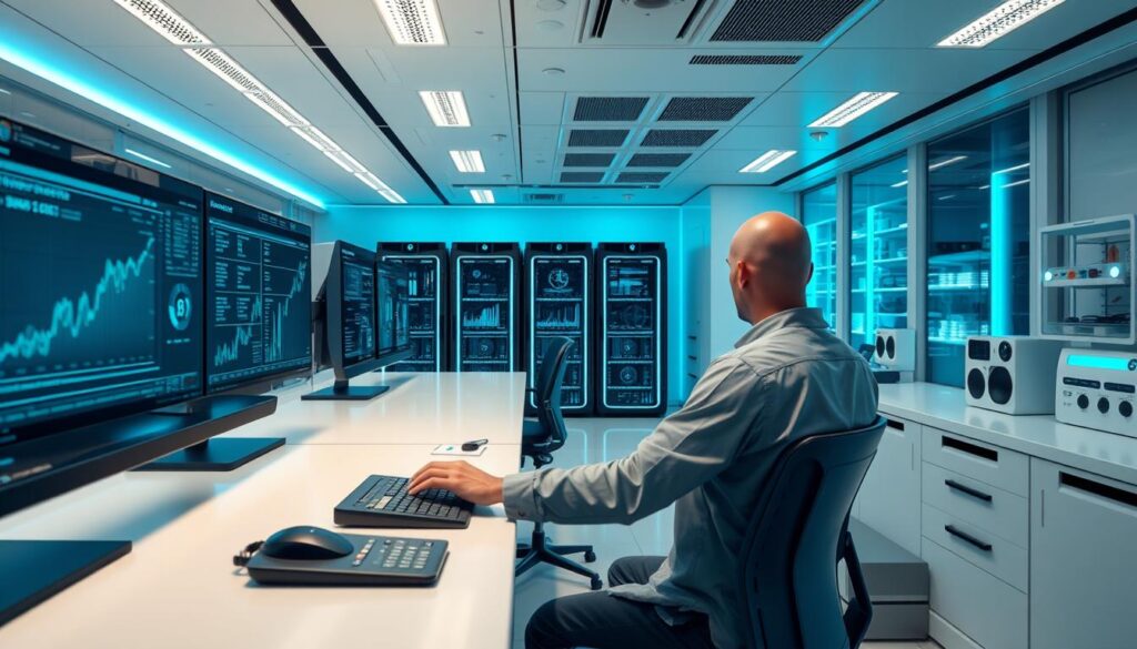 A pristine, ultramodern laboratory workspace with state-of-the-art computer terminals and holographic displays. In the foreground, a user interfaces with a sleek, minimalist dashboard, adjusting parameters and monitoring real-time analytics on decentralized finance optimization. Powerful GPU rigs hum in the background, crunching complex ML algorithms. Subtle blue and teal lighting lends an air of futuristic efficiency. The scene conveys a sense of precision, innovation, and the seamless integration of machine learning into the world of DeFi.