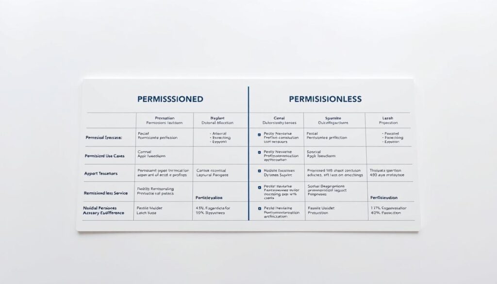 A professional and detailed comparison chart showcasing the key differences between permissioned and permissionless blockchain networks. The chart is presented against a clean, minimalist background with a soft, neutral color palette to promote clarity and focus. The chart itself features clean typography, well-defined data visualizations, and intuitive iconography to effectively convey the relevant business use cases and technical specifications of each blockchain architecture. The overall composition is balanced, with ample negative space to ensure the comparison chart is the central focal point. Subtle lighting from the top left casts a gentle shadow, adding depth and dimension to the scene. The camera angle is slightly elevated to provide an optimal viewing experience.