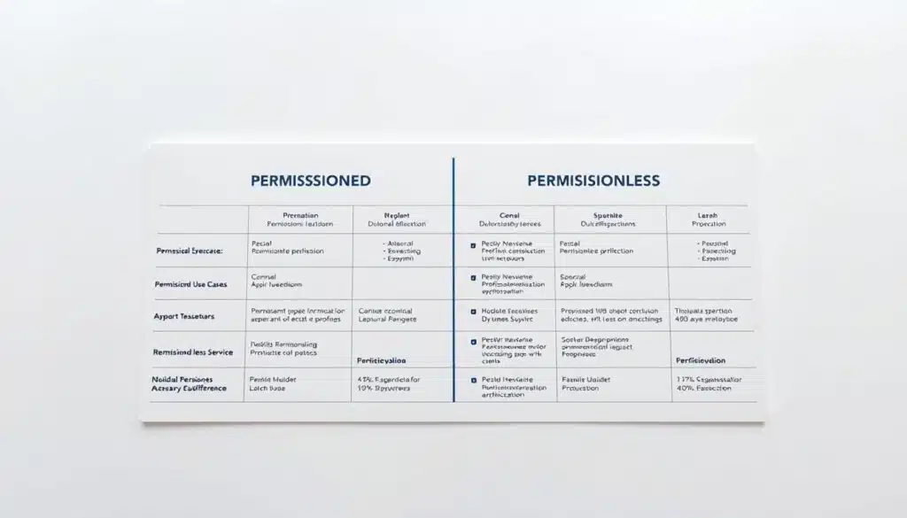 A professional and detailed comparison chart showcasing the key differences between permissioned and permissionless blockchain networks. The chart is presented against a clean, minimalist background with a soft, neutral color palette to promote clarity and focus. The chart itself features clean typography, well-defined data visualizations, and intuitive iconography to effectively convey the relevant business use cases and technical specifications of each blockchain architecture. The overall composition is balanced, with ample negative space to ensure the comparison chart is the central focal point. Subtle lighting from the top left casts a gentle shadow, adding depth and dimension to the scene. The camera angle is slightly elevated to provide an optimal viewing experience.