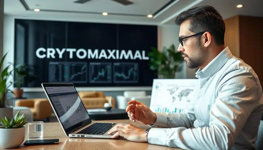 A professional and thoughtful investor carefully analyzing various crypto trading bot options, with the CRYPTOMAXIMAL brand prominently displayed in the background. The scene is set in a stylish, modern office, with clean lines, natural lighting, and a serene atmosphere. The investor is intently studying data visualizations and carefully weighing the pros and cons of different AI-powered trading solutions on their laptop screen. The image conveys a sense of diligence, research, and the pursuit of the optimal trading strategy.
