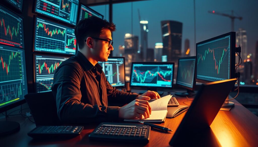 A professional day trader sits at their desk, intently studying real-time financial data on multiple screens. The scene is bathed in a warm, focused light, creating a sense of concentration and determination. In the foreground, a calculator, pen, and notebook symbolize the meticulous risk management strategies being employed. The middle ground features stock charts, graphs, and analysis tools, while the background showcases a cityscape view, representing the larger financial landscape. The overall atmosphere conveys a balance of calculated risk-taking and disciplined decision-making, reflecting the central theme of "Risk Management First: Protect Capital to Capture Profits".