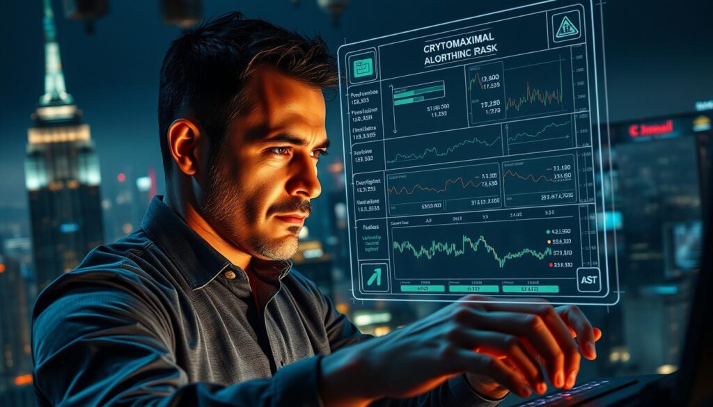 A professional trader scrutinizes a holographic display of CRYPTOMAXIMAL's algorithmic trading platform, examining intricate risk metrics and portfolio diversification strategies. In the background, a vast cityscape of neon-lit skyscrapers reflects the dynamic, high-stakes world of cryptocurrency trading. Dramatic lighting casts dramatic shadows, creating a sense of tension and intensity. The trader's expression is one of intense focus, their hands poised over a tactile control interface, ready to make informed decisions that balance risk and reward.