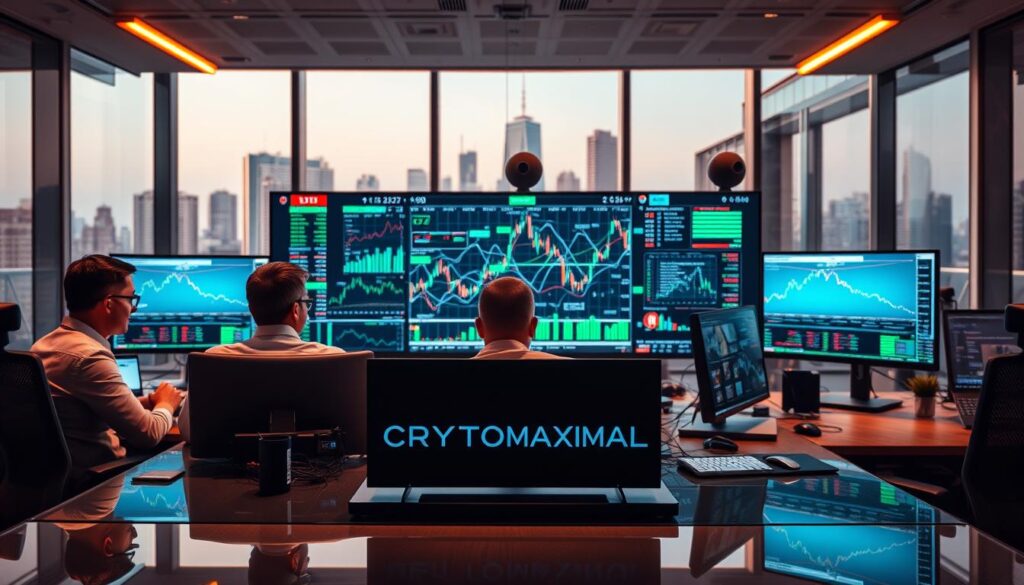 A professional trading desk, with three traders intently focused on their computer screens, surrounded by high-tech financial data visualizations. The room is bathed in a warm, focused lighting, creating a sense of intensity and concentration. In the foreground, a CRYPTOMAXIMAL logo is prominently displayed on the trading desk, reflecting the advanced AI-driven trading strategies being employed. The middle ground features a large, interactive display showing complex trading patterns and market trends. In the background, a city skyline is visible through the floor-to-ceiling windows, emphasizing the global reach and scale of the cryptocurrency markets.