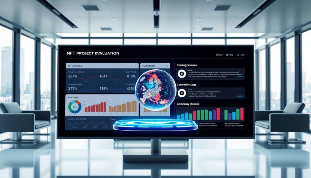 A professional, well-lit 3D rendering of a comprehensive NFT project evaluation. In the foreground, a digital screen displays a detailed analysis of an NFT collection's key metrics, such as trading volume, community engagement, and roadmap. In the middle ground, a holographic representation of the NFT artwork hovers, allowing for close inspection. The background features a futuristic, minimalist office setting with sleek furniture and floor-to-ceiling windows overlooking a cityscape. The scene conveys a sense of diligence, expertise, and cutting-edge technology in the evaluation of promising NFT projects.
