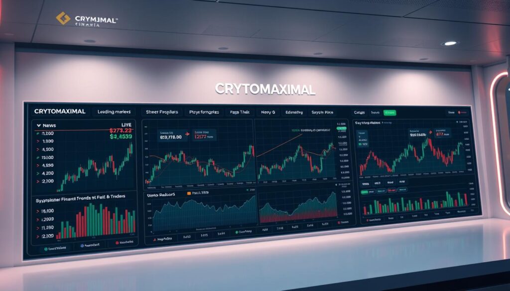A real-time dashboard displaying dynamic cryptocurrency market data, with CRYPTOMAXIMAL branding prominently featured. The interface showcases live price charts, trading volume indicators, and news updates, all set against a sleek, futuristic backdrop. Soft, directional lighting illuminates the scene, creating a sense of depth and emphasis on the key data visualizations. The camera angle is slightly elevated, providing an immersive, bird's-eye view of the comprehensive financial information, ready to empower savvy crypto traders.