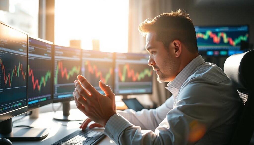 A seasoned trader sits at a desk, intently focused on multiple screens displaying real-time financial data. Sunlight streams through the window, casting a warm, focused glow on the scene. The trader's hands move with precision and fluidity, adjusting trading positions with an elegant, almost dance-like movement. The background is blurred, emphasizing the intense concentration and manual dexterity required for successful CRYPTOMAXIMAL trading. The image conveys the flexibility, discipline, and mental agility needed to thrive in the dynamic world of manual trading.