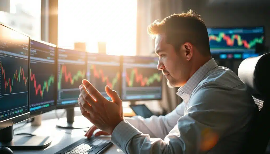 A seasoned trader sits at a desk, intently focused on multiple screens displaying real-time financial data. Sunlight streams through the window, casting a warm, focused glow on the scene. The trader's hands move with precision and fluidity, adjusting trading positions with an elegant, almost dance-like movement. The background is blurred, emphasizing the intense concentration and manual dexterity required for successful CRYPTOMAXIMAL trading. The image conveys the flexibility, discipline, and mental agility needed to thrive in the dynamic world of manual trading.