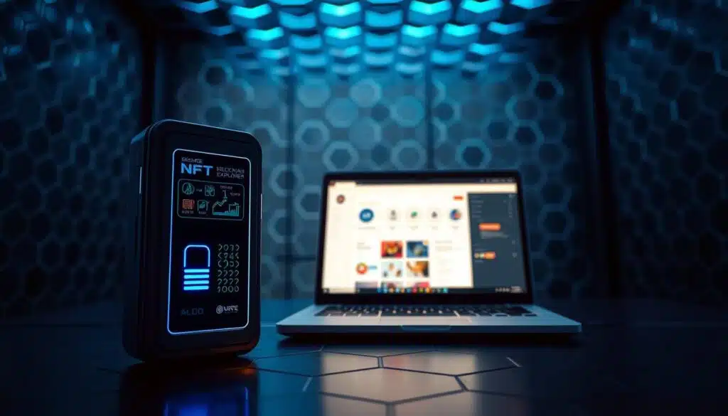 A secure NFT wallet setup in a dimly lit, high-tech environment. The foreground features a sleek, modern digital wallet device with a biometric security panel and a holographic display showcasing the wallet's interface. The middle ground shows a laptop or desktop computer with a blockchain explorer website open, allowing the user to manage their NFT portfolio. The background is filled with a grid of hexagonal shapes, representing the underlying blockchain technology that powers the NFT ecosystem. The lighting is a combination of cool, blue-tinted overhead illumination and the warm glow of the device's display, creating a sense of focus and professionalism. The overall tone is one of security, control, and technological sophistication.