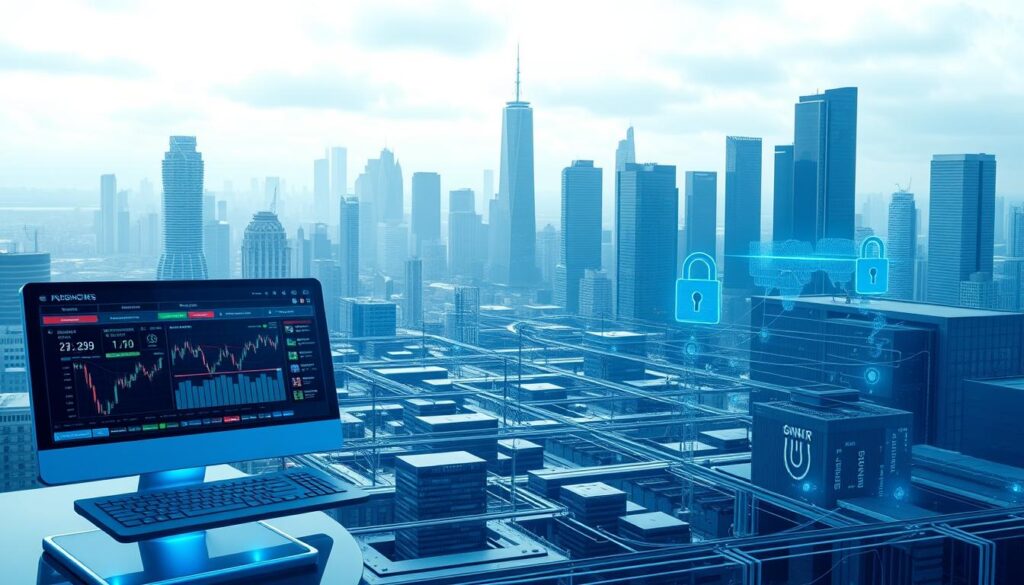 A secure and robust trading platform with advanced risk management features. In the foreground, a sleek, futuristic user interface with customizable dashboard panels displaying real-time market data, trading signals, and automated strategies. In the middle ground, a complex network of interconnected servers and data centers, protected by multiple layers of security protocols and encryption. In the background, a serene cityscape with towering skyscrapers, reflecting the high-tech, precision-driven nature of the automated trading system. Lighting is cool and blue-toned, creating a sense of confidence and reliability. The overall mood is one of technological sophistication, precision, and unwavering security.