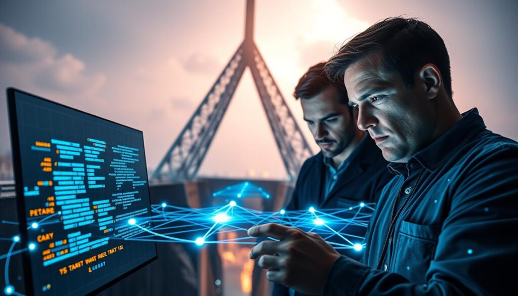 A secure blockchain bridge audit, illuminated by soft, diffused lighting from above. In the foreground, a team of cybersecurity experts scrutinize code on futuristic holographic displays, brows furrowed in concentration. The middle ground features a stylized blockchain network, with glowing nodes and data streams flowing seamlessly across a chasm. In the background, a towering, angular architecture of reinforced steel and glass, symbolic of the uncompromising security measures protecting this vital cross-chain infrastructure. The overall atmosphere is one of technological sophistication, rigorous analysis, and unwavering dedication to safeguarding the seamless interoperability of blockchain ecosystems.