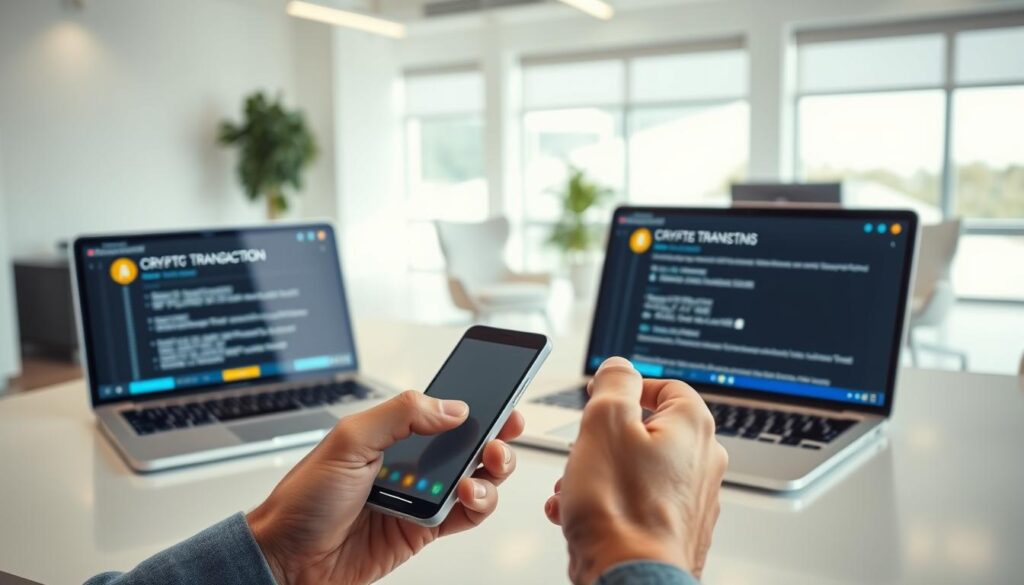 A secure crypto cash transaction taking place in a well-lit, modern office setting. In the foreground, a person's hands are seen carefully handling a mobile device, initiating a digital payment. The middle ground showcases a laptop displaying encrypted transaction details and security protocols. In the background, a sleek, minimalist desk and office furniture create a professional, high-tech atmosphere. The lighting is soft and natural, highlighting the focus on the transaction process. The overall mood is one of confidence, control, and attention to detail, emphasizing the secure nature of the financial exchange.
