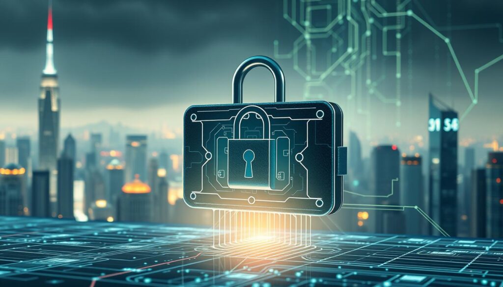 A secure cryptocurrency wallet with a sturdy digital lock mechanism, surrounded by a matrix of interlocking security protocols. The wallet is illuminated by a soft, diffused light, casting subtle shadows that highlight its intricate design. In the background, a futuristic cityscape of towering skyscrapers and glowing digital infrastructure, symbolizing the technological landscape of the crypto world. The overall atmosphere conveys a sense of advanced, impenetrable security, instilling confidence in the viewer's ability to safeguard their digital assets.